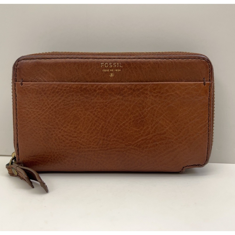 FOSSIL Leather Wallet Zip Around Multi Card Clear ID Front Back Zip Pocket Brown